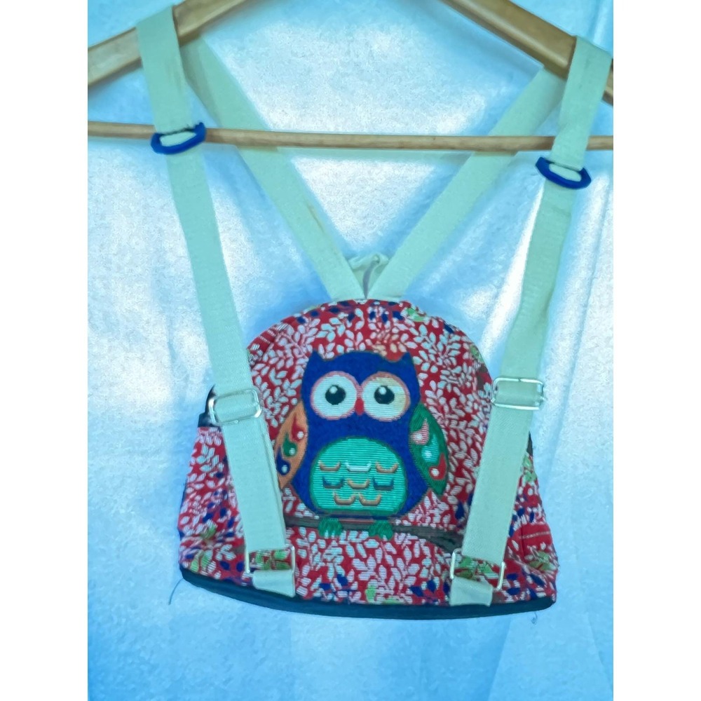 Vintage Whimsy Owl Tapestry Mini Backpack Red Floral Boho Woven Small Rucksack - Picture 9 of 13
